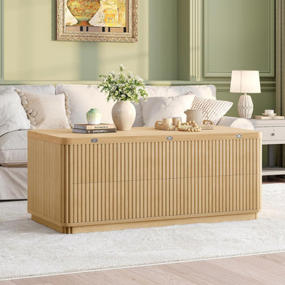 Lift Top Coffee Table with 2 Drawers and Hidden Storage, 4-in-1 Mid Century Modern Fluted Table for Living Room, Oak