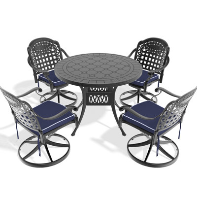 5 configurations de salle à manger en fonte d'aluminium pour l'extérieur - 4 chaises pivotantes et table ronde de 39,37 po, noir, construction, sièges confortables, coussins, assemblage en aluminium toutes saisons, conception classique