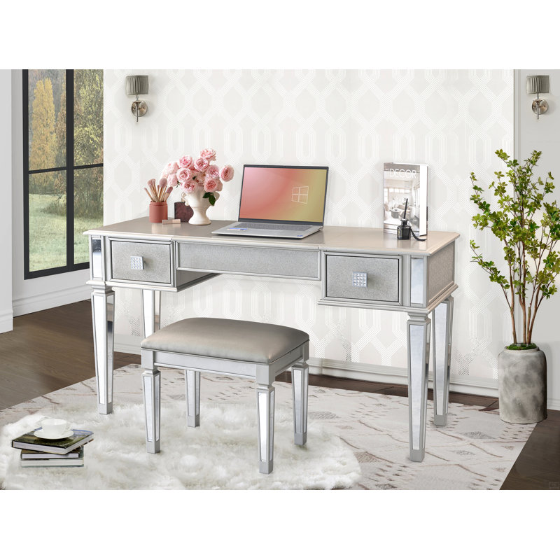 Mirrored Vanities Desk With Drawers, Bedroom Makeup Vanity Table Set With Mirror And Stool, Flip Up Dressing Table, Silver