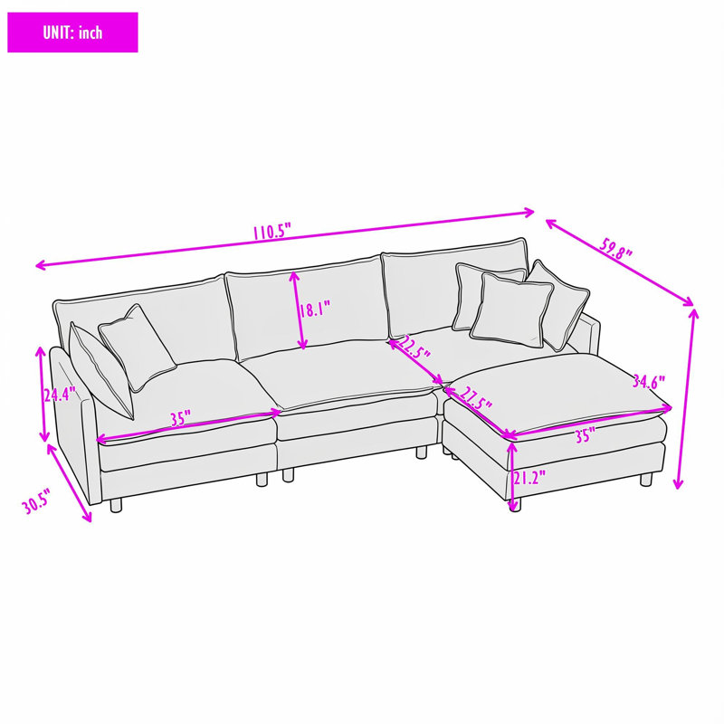 Canapé modulaire en L avec revêtement en chenille de qualité supérieure et repose-pieds mobile, Rose