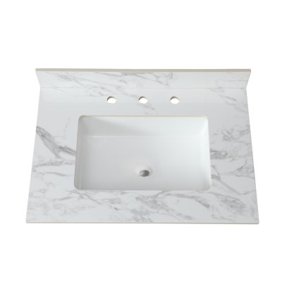 Bathroom Vanity Top,Sintered Stone Carra Barthroom Vanity Sink Tops With Rectangular Undermount Ceramic Sink With Vanity Backsplash,  Faucet Hole Bathroom Vanity Countertop