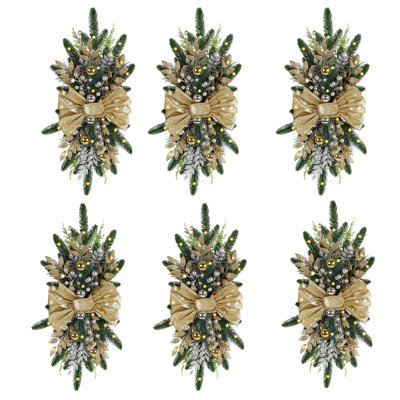 set of 6 Pre‑Lit Christmas Teardrop Swag Door Hanger, 23.6"x11.8" Artificial Holiday Swag with Velvet Bow,  Baubles & Pinecones, Battery Operated for Front Door, Stair Railing, Indoor Covered Outdoor, Housewarming Gift