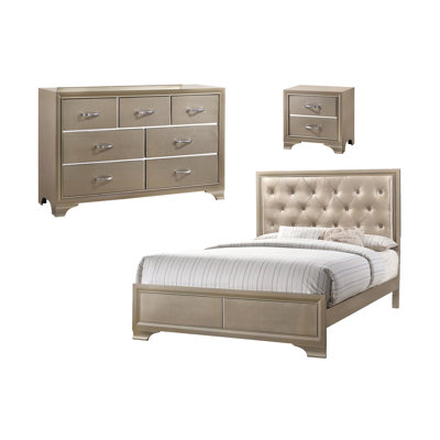 Maryela Metallic Champagne 3-Piece Bedroom Set with Dresser