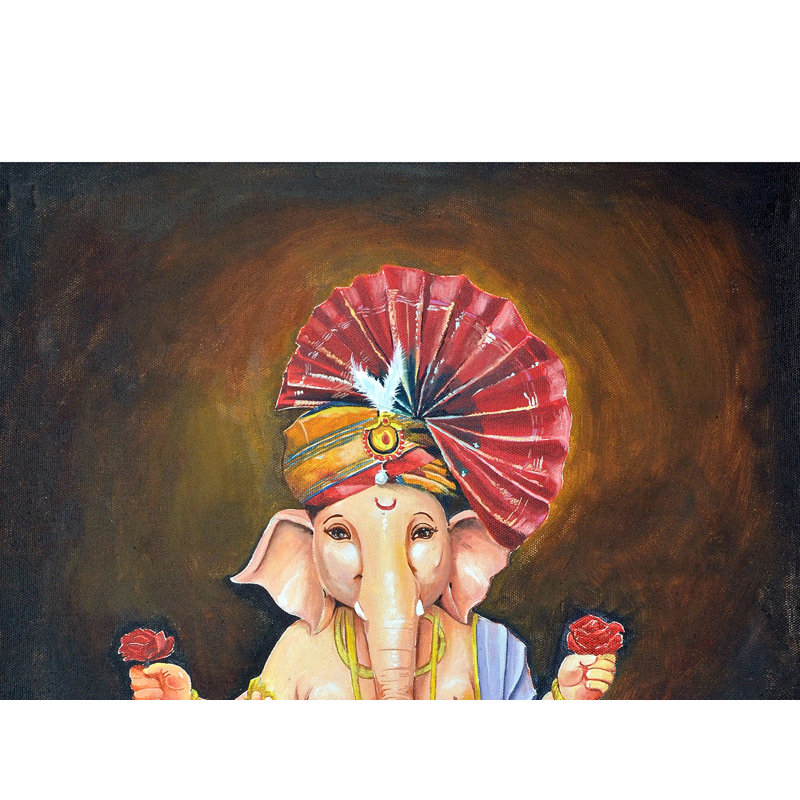 Turbaned Lord Ganesha assis sur un piédestal | Peinture à l'huile par Rajib Agarwal