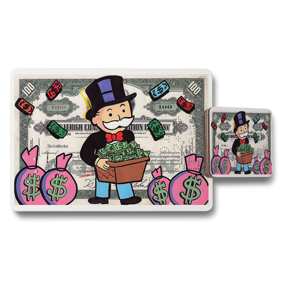Money Themed Placemat And Coaster Set With Cartoon Cash Bags