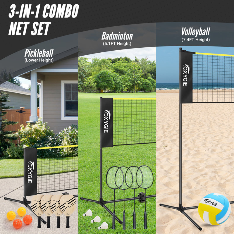 17ft Portable Badminton Pickleball Kids Volleyball Combo Sets With Net