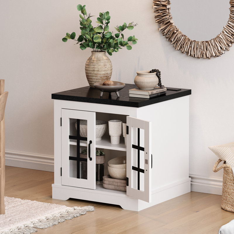 Farmhouse Sideboard Buffet with 2 Glass Doors and Built-in Power Outlet, 24.41" H x 23.62" W x 23.62" D, Black/White