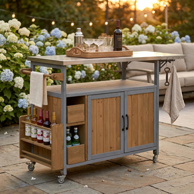 Chariot de cuisine pour l'extérieur 54,33 "avec plateau en acier inoxydable, roulettes verrouillables, tablettes réglables et rangement multifonctionnel