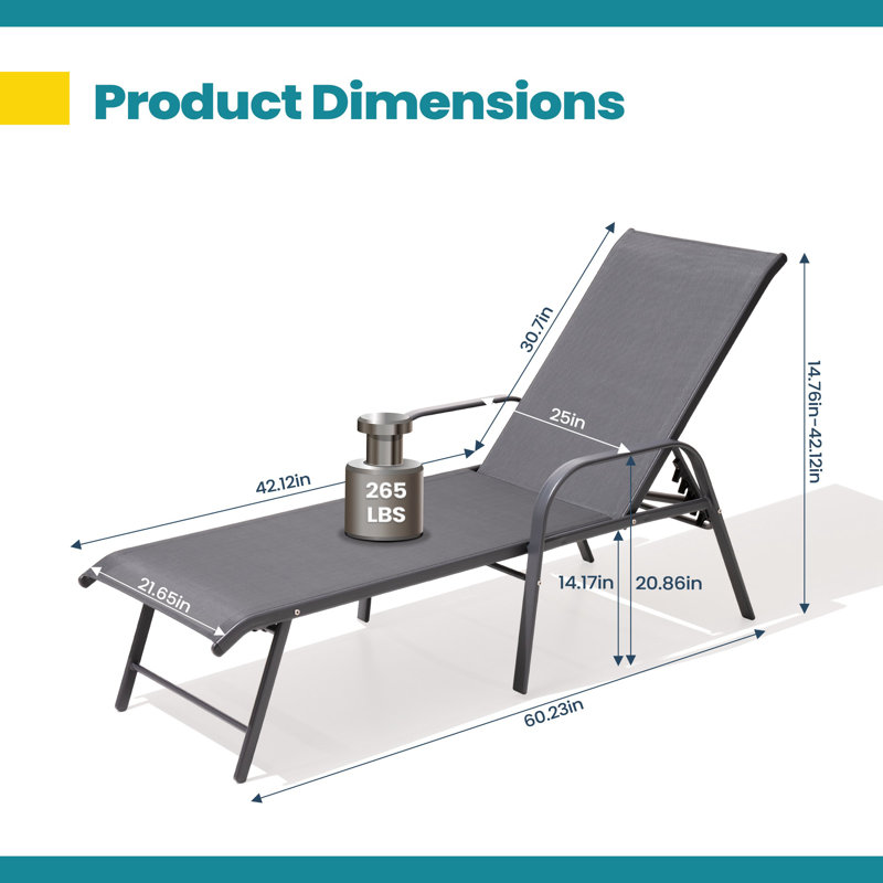 Chaise longue inclinable d'extérieur en aluminium, Structure noire / coussin gris