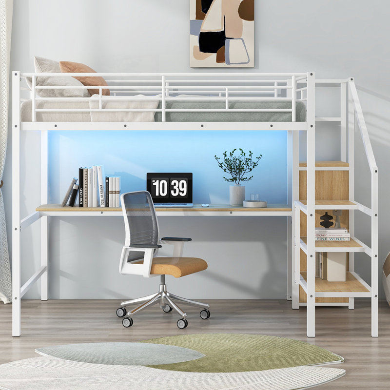 Lit mezzanine polyvalent en métal avec garde-robe et lumière DEL pour une vie confortable, Blanc