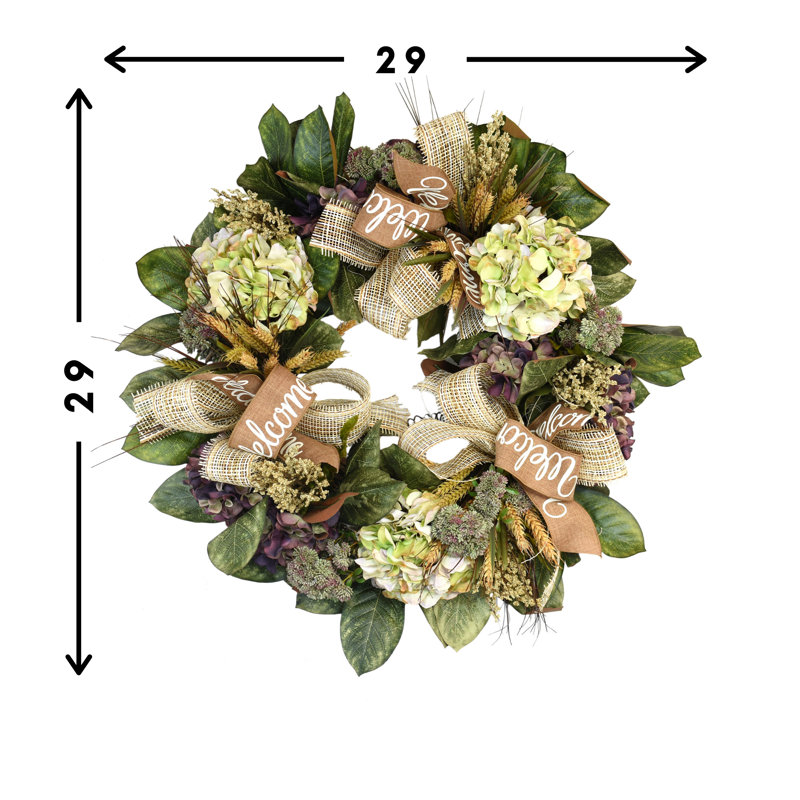 29" Magnolia Leaf Wreath With Assorted Hydrangeas, Heather And Ribbon