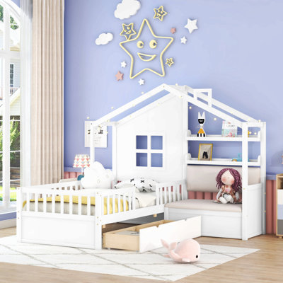 Lit de maison en bois avec lit gigogne, conception moderne pour enfants avec tablette de rangement