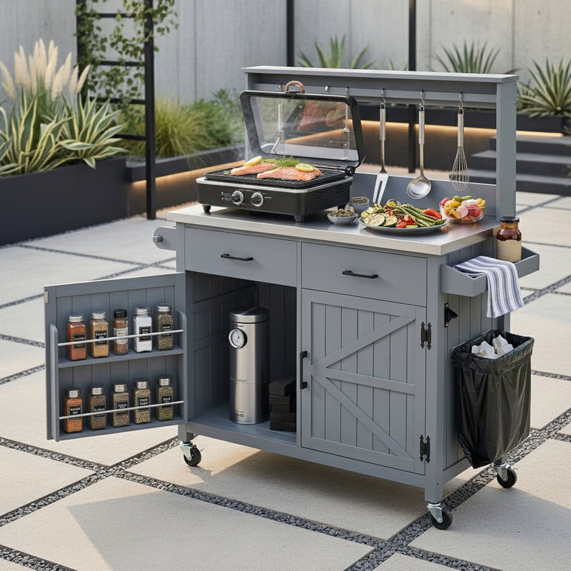 Îlot de cuisine extérieur avec tablette haute, crochets en S et plateau en acier inoxydable, Gris
