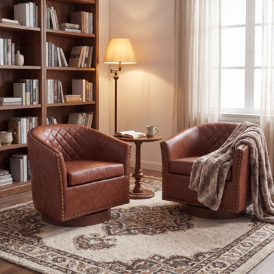 Fauteuil d'appoint moderne pivotant en cuir avec garniture cloutée capitonnée