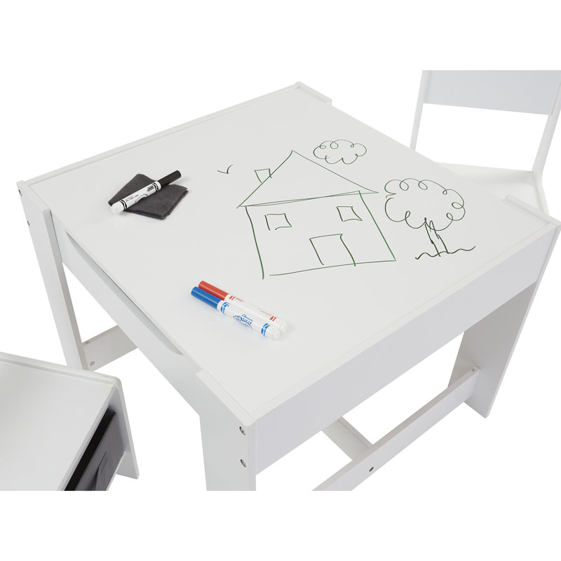Kids Wooden Activity Table and Two Chairs with Grey Storage Bins