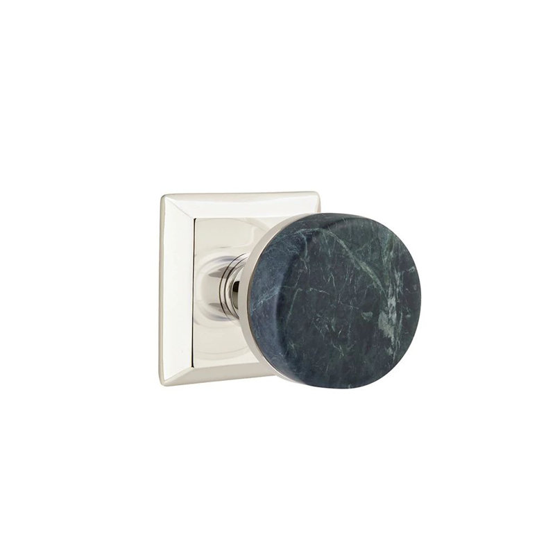 Mortaise intérieure Emtek Select avec rosette Quincy et tige conique, bouton en marbre vert (droite), Nickel poli