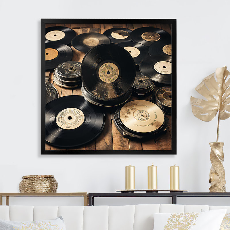 Beige Vintage Vinyle - Vinyle, art mural, Cadre simple noir, H 36 po x l 36 po x P 1,5 po