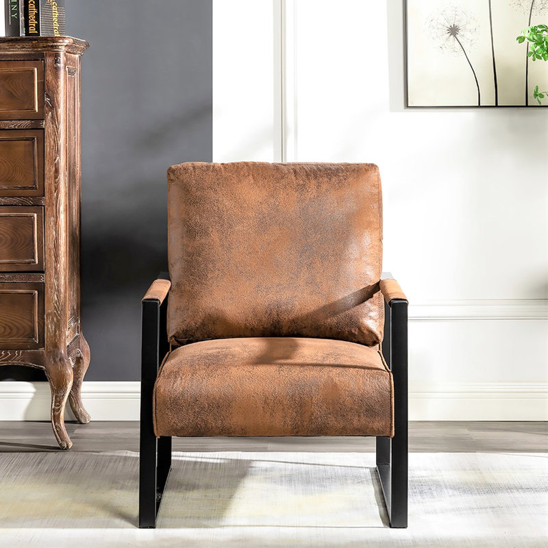 Fauteuil de salon de style Mid-Century moderne, microfibre tachetée de brun, structure en métal renforcé pour chaise de bureau à domicile, design, microfibre et carré