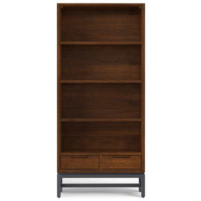 Banting 30"W Solid Wood 4 Shelf Industrial Bookcase with 2 Drawers, Adjustable Shelves, and Metal Base