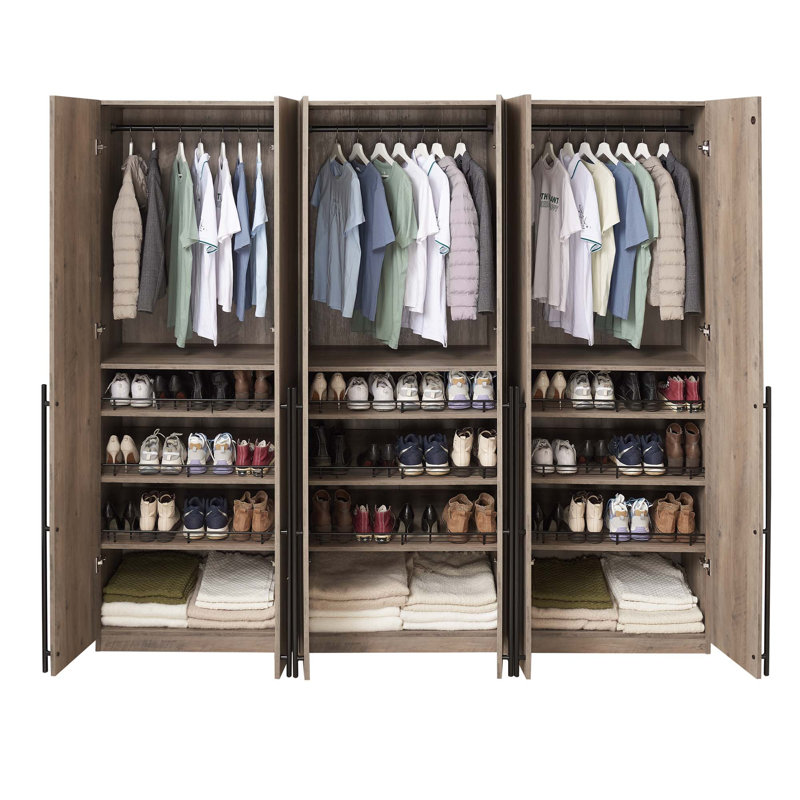 Armoire-penderie autoportante moderne avec tiges suspendues, tablettes à chaussures et tablettes basiques Lee, Gris rustique