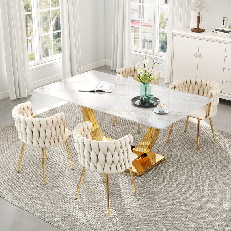 Rectangle Pedestal Dining Set with Woven Dining Chair, Beige