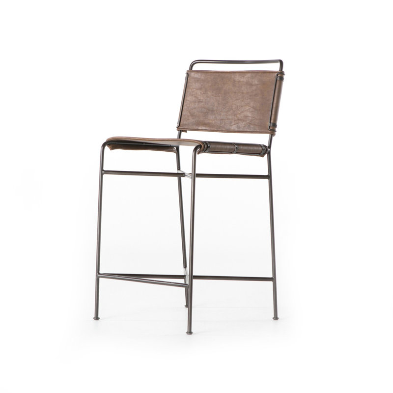 Kenza Counter Stool, Dark Bronze, Distressed Brown Faux Leather, Counter Stool (26.5" Seat Height)