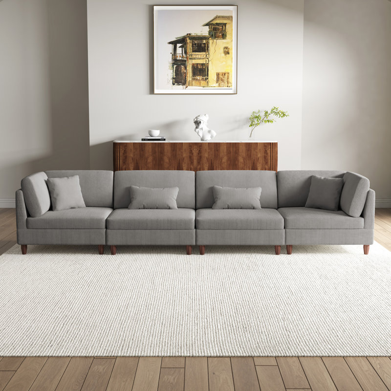 4 - Piece Upholstered Corduroy Modular Sectional with Pillow Back and Solid Wood Legs, Light Grey Corduroy