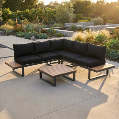 Ensemble de canapé d'extérieur en forme de V en aluminium 5 places avec table et coussins en bois d'acacia Sterling