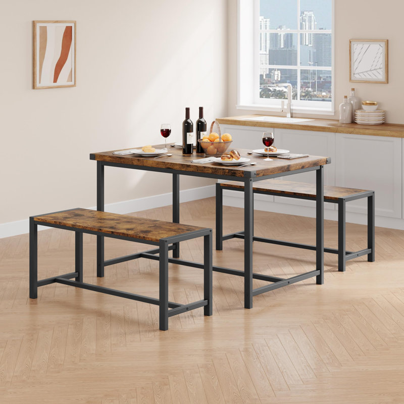 Ensemble de salle à manger 3 pièces peu encombrant pour 4 personnes, table avec 2 bancs, style Mid-Century moderne, structure en métal, espace compact