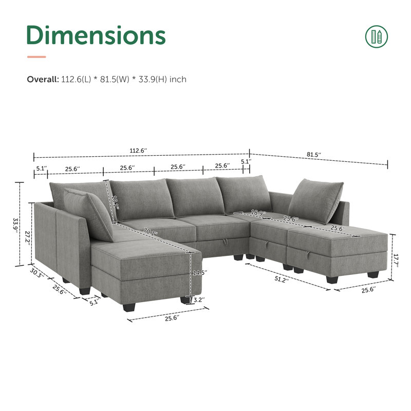 Coss U shaped Sectional Sofa Modular Sectional Couch with Storage Ottoman, Gray Polyester