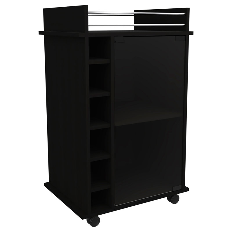 Chariot-bar, deux tablettes, six supports à vin intégrés, quatre roulettes, Noir