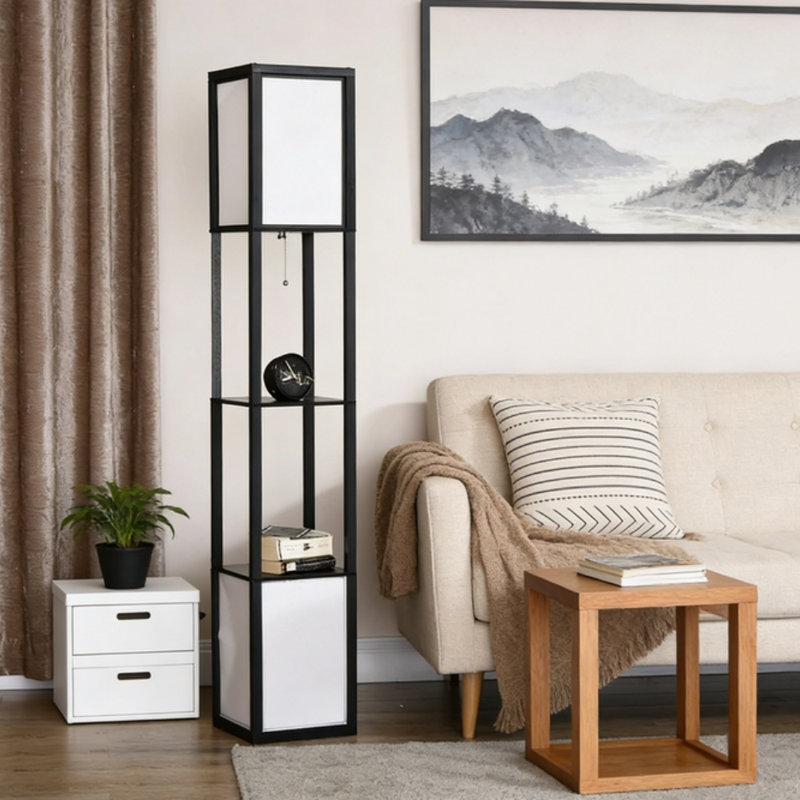 Lampadaire étagère, lampe sur pied noire avec double abat-jour en tissu et étagères de rangement à 2 niveaux, lampadaire à double éclairage avec interrupteur au pied pour la décoration du salon, de la chambre et de l'entrée