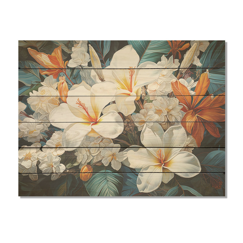 Fleur de plumeria beige et blanche - Art mural en bois sur bois de pin naturel, H 10 po x l 20 po