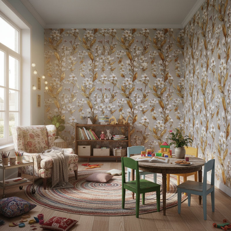 Papier peint floral, décoration murale murale dorée moderne