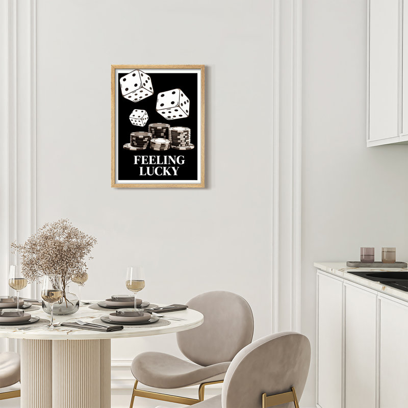 Minimal Dice and Chips Lucky Quote Framed Wall Art Prints - Dice and chips with “Feeling Lucky”, for office or game room