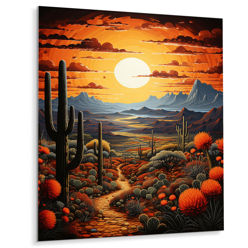Cactus jaune vert désert coucher de soleil Saguaro - décoration murale florale et botanique en métal, H 20 po x l 12 po