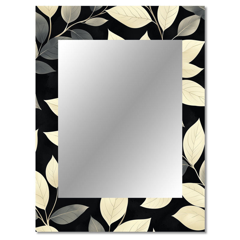 «Black Beige Leaves Gentle Breeze II» - miroir mural à feuilles, miroir décoratif traditionnel, impression d'art en métal