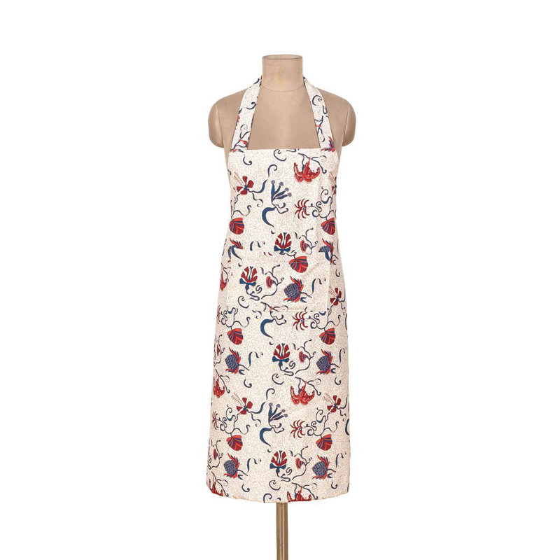 Floral Linen Bib Apron, Blue/Red