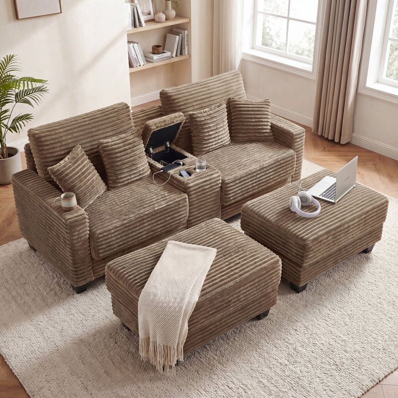 Canapé rembourré en velours côtelé double avec console, ports USB et 2 porte-gobelets, Marron clair