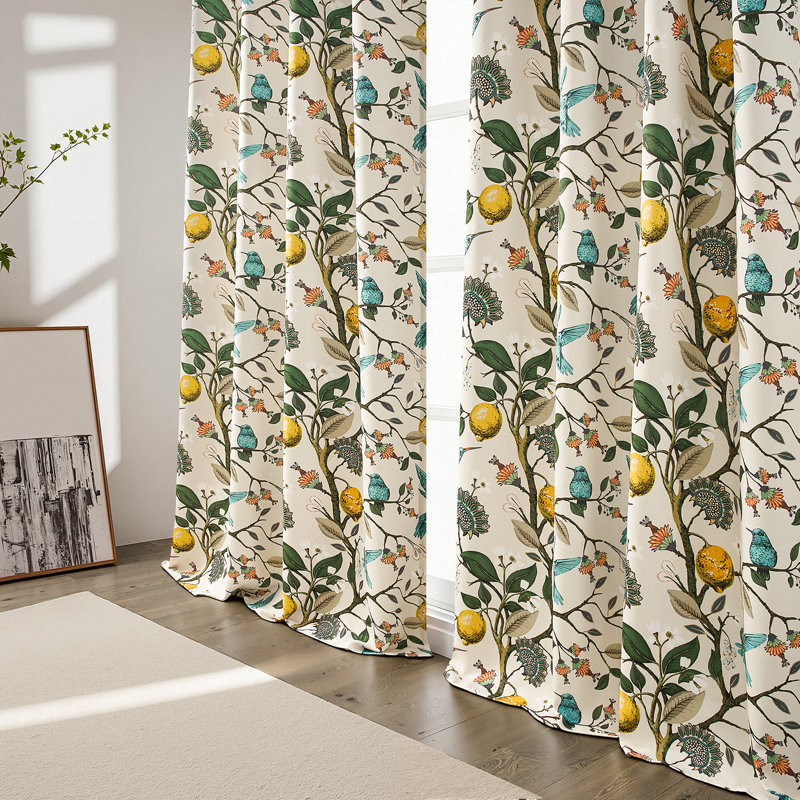 Fancy Hummingbird Patterned Room Darkening Curtain,Rod Pocket Back Tab Floral Drapes,Set of 2, 52" W x 84" L, Beige