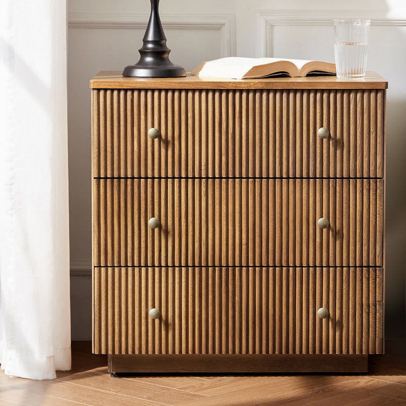 Kaybri 26''W Modern 3-Drawer Fully Assembled Fluted End Table with Solid Wood and Charging Station, Acorn