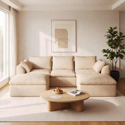 Canapé 3 places en lin kaki avec 2 poufs, ensemble de canapés modulaires rembourrés