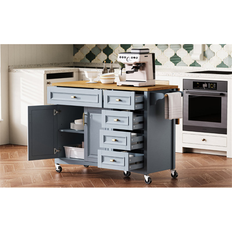 52'' Kitchen Island With Drop Leaf, Blue