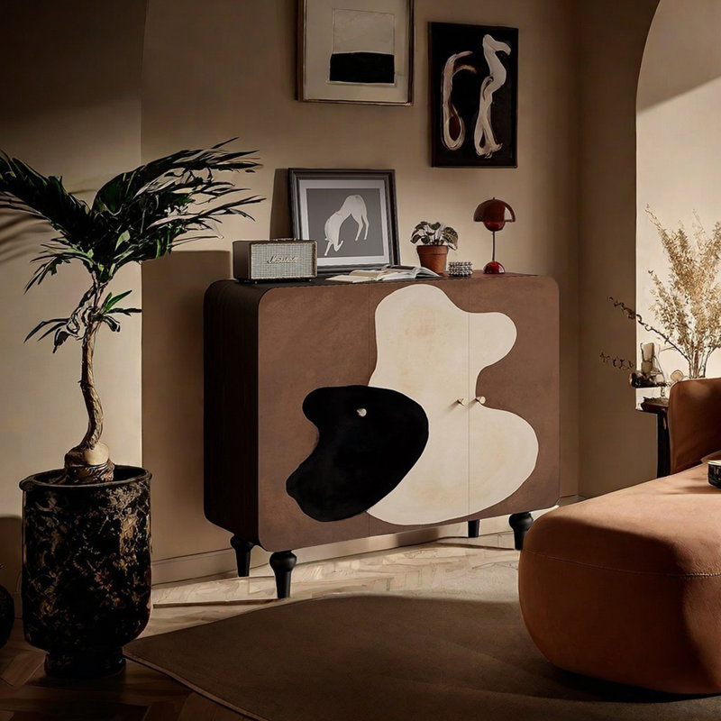 Buffet en bois massif à motif d'art moderne, Noir, noir, noir, noir