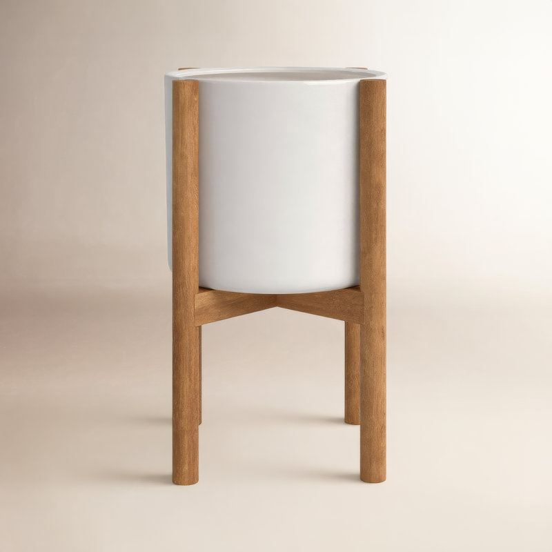 Pot à fleurs en céramique Dominic, Blanc / noyer spécial
