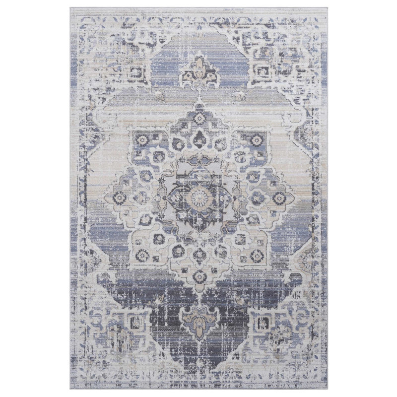 Élégant tapis 5 x 7, métier à tisser et collection, médaillon crème / bleu, ne perdant pas ses poils, teint, pour le bureau du dortoir