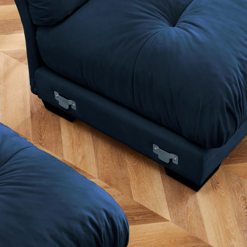 L-Shape 3 Deep Seat Modular Sofa Couch With 1 Movable Ottomans, Blue Velvet