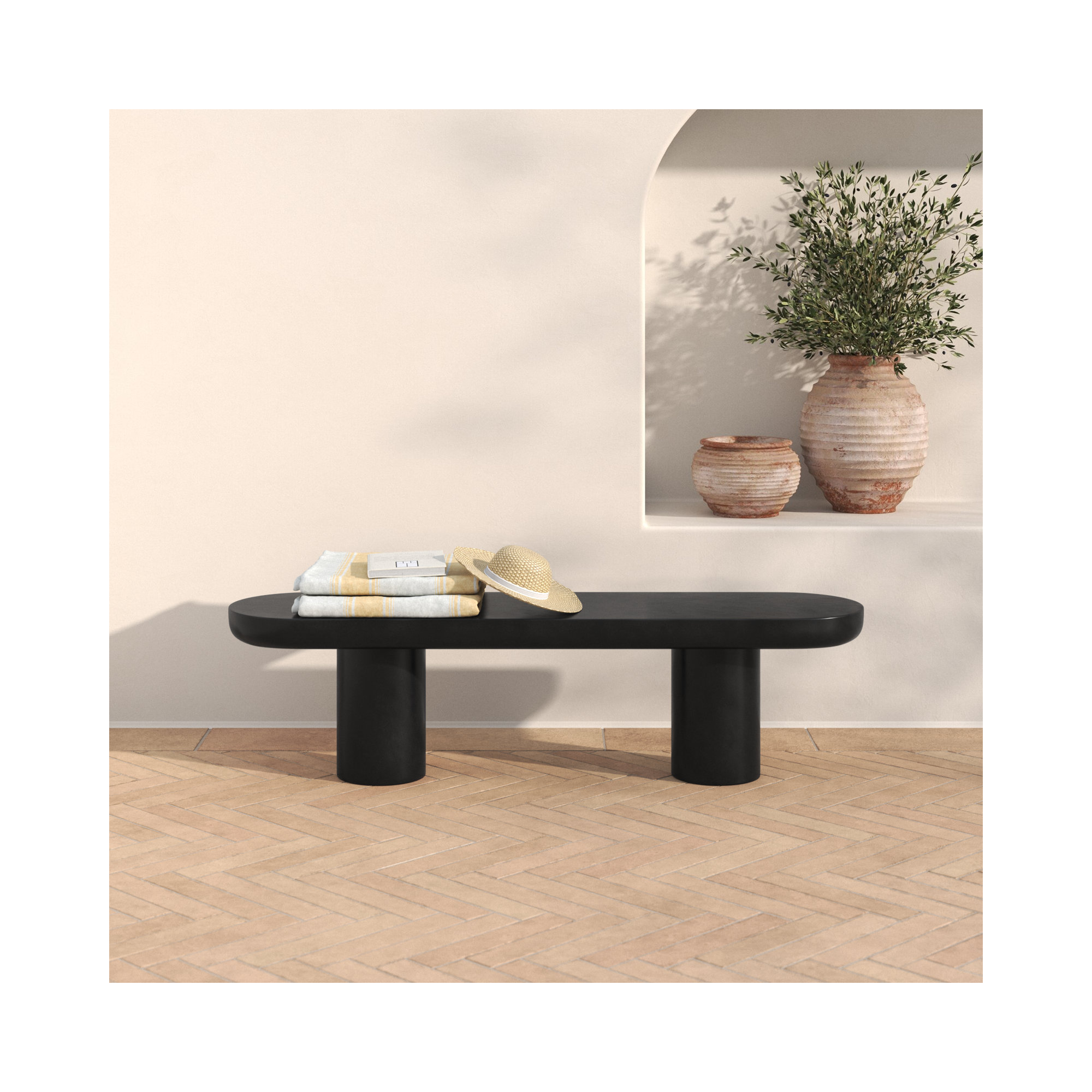 Ansel Stone Garden Bench, 18.5"H x 68.0"W x 18.5"D, Black