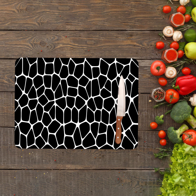 Planche à découper et à servir en verre à motif abstrait noir et blanc pour un décor de cuisine moderne, 7,9 po x 11,8 po