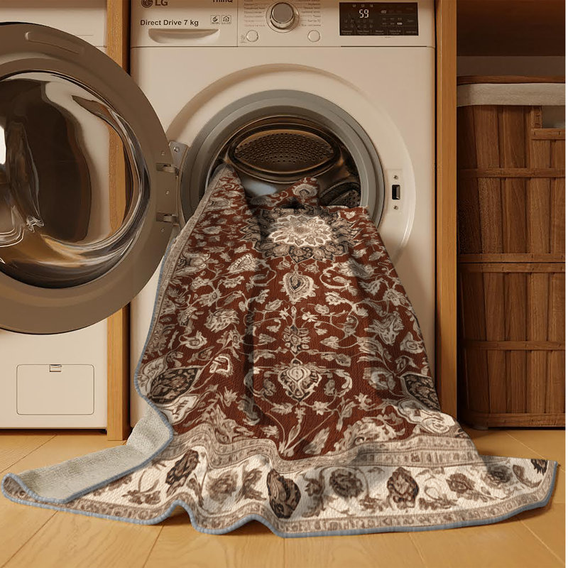 Tapis persan gris lavable à la machine, Rond 8 pi
